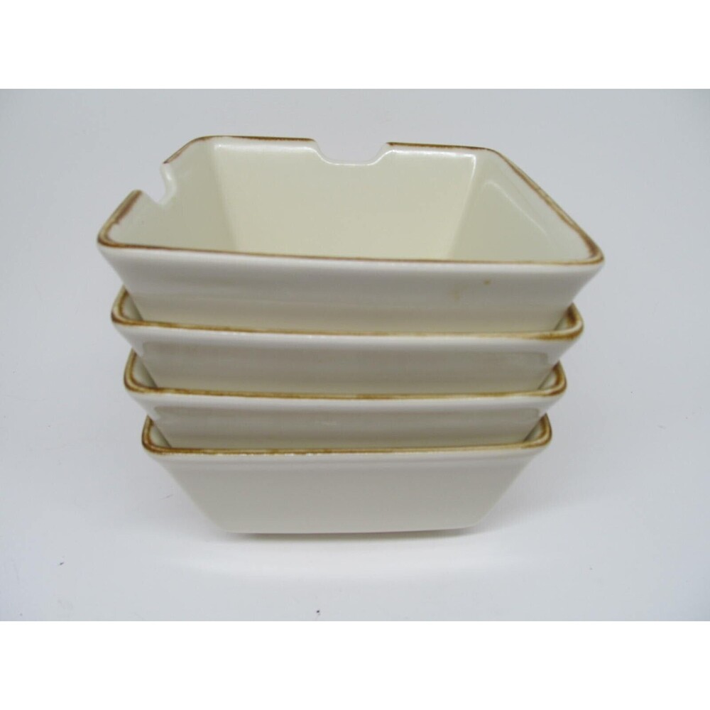 Pottery Barn Asian Square Set Of 4 Putty 6" Notched Noodle Soup Bowls GUC Japan
